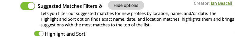 Suggested Matches Filters feature.