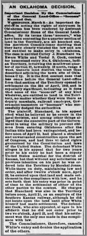 An Oklahoma Decision, Pleasanton Observer-Enterprise, 15 March 1890