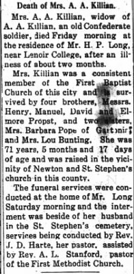 Mary Ann Propst Killian 24 Aug 1915 Obituary Hickory North Carolina