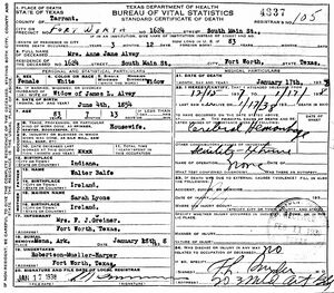 Texas Death Certificate for Anna Jane Balfe Alvey