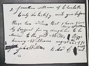 1793 Mary Williams' fathers consent for her to marry.