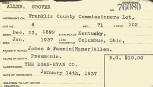 Allen Grover C. Green Lawn Cemetery Interment Card
