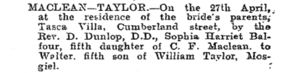 Sophia Harriet Balfour MacLean to Walter Taylor - marriage announcement