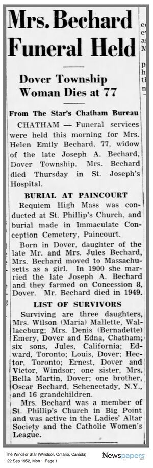 Helena Béchard - Obituary - The Windsor Daily Star (Windsor, Essex, Ontario, Canada) · 22 Sep 1952, Mon · Page 1