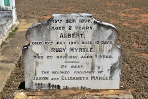 Memorial to William Jason Marles died 13 Sep 1896, Albert Marles died 16 Jul 1900, Ruby Myrtle Marles died 2 Nov 1907 - closeup of remainder
