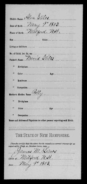 Alvah Stiles - New Hampshire, Births and Christenings Index, 1714-1904