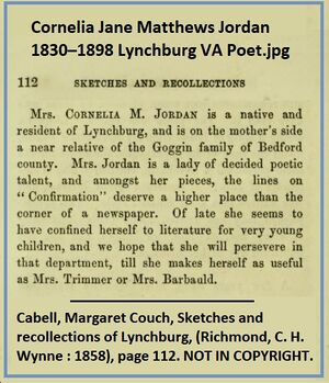 2020-10-23 Cornelia Jane Matthews Jordan 1830–1898 Lynchburg VA Poet.jpg