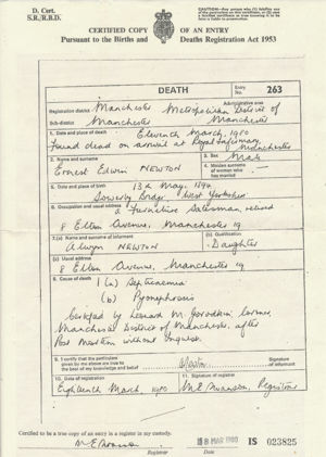 Death Certificate for Ernest E Newton