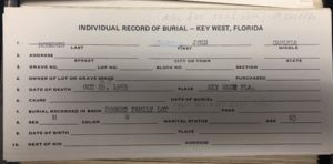 Individual Burial Record Key West, Florida. 