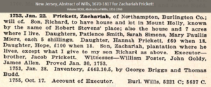 Abstract of will of Zachariah Prickett, Jr., 1701-1753