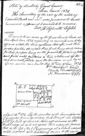 Division of lands of Jediah Ashcraft, dec'd to include; dower of his widow Sarah, Wm. Ashcraft, Jacob Ashcraft, Rachel Ashcraft, James Ashcraft, Wm. Smith, and John Riffle.