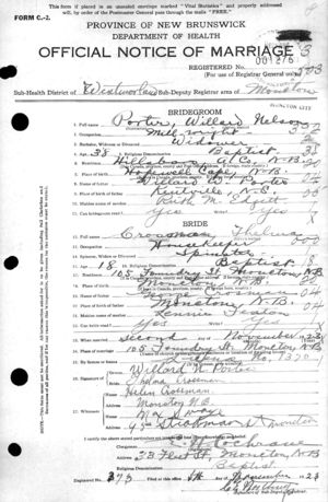 Willard N. Porter and Thelma Crossman's wedding certificate