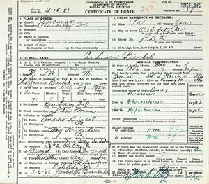Death Certificate for A. Diven Bickel (1874-1946)