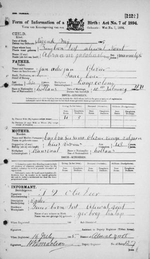 Geboorte Registrasie Abraham Jacobus Olivier : 09 Mei 1895