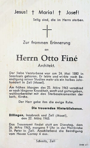 Death announcement card for Otto Finé