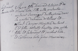 Marie Scheper baptismal record. March 5, 1713