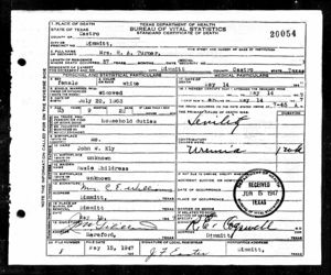Rosalia Ely Turner Death Certificate