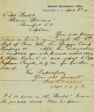 Letter from assistant quartermasters office to Captain William Winters on  the steamer belvidere