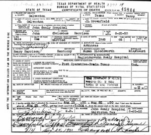 Texas Death Certificate - John Columbus Harrison