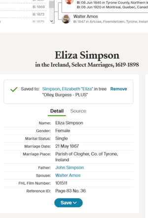 Eliza Simpson marriage to Walter Amos  	21 May 1867
