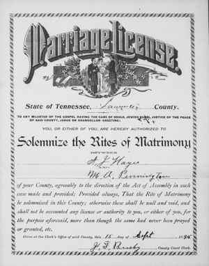 Allen Jefferson Hayes & Marie Anna Pennington Marriage Licence