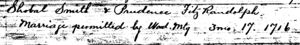Shobal Smith & Prudence Fitz Randolph. marriage permitted May 17 1716