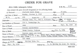 Order for Grave B.R.No 4126 Winfield Scott Brown 1854-1932  Source of Children's names.