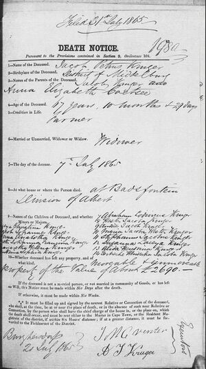 Death notice of Jacob Petrus Kruger 1797 - 1865