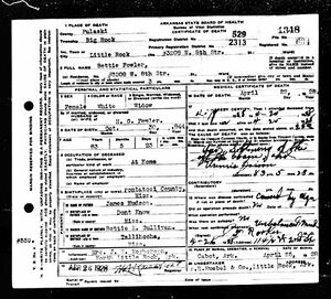 Arkansas Death Certificate for Bettie Fowler