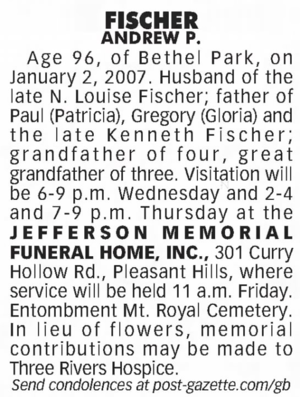 Obituary for ANDREW P FISCHER