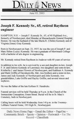 Obituary Joseph F Kennedy