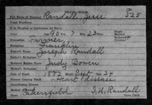 1882: death of Jesse Randall, son of Judy (Bowen) & Joseph