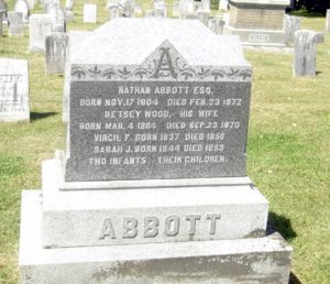 Nathan Abbott, Betsey Wood Abbott, Virgil F Abbott, Sarah J Abbott and two infants with no names or birth or death dates