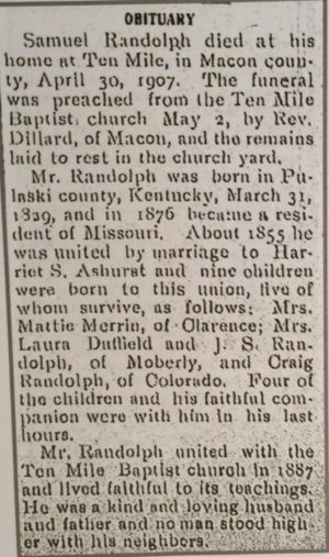 Newspaper clipping of Samuel Randolph Obituary