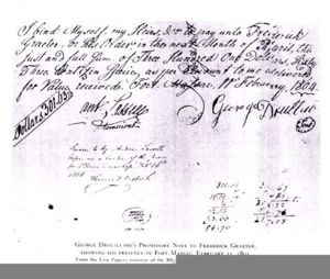 GEORGE DROUILLARD's promissory note to Frederick Graeter,  showing his presence in Fort Massac, February 11, 1804. 