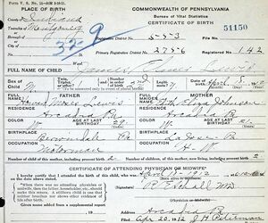 Birth Certificate for James Elmer Lewis, Born 18APR1912, in Montgomery Twp, Indiana Co, PA