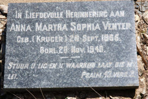 Gravestone: Anna Martha Sophia Venter née Kruger 1865-1904