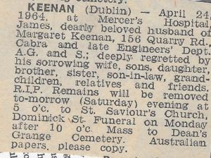 Death notice of James Keenan