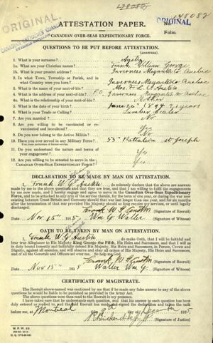 AUSTIN, PRIVATE FRANK WILLIAM GEORGE - CEF PERSONNEL FILES - ATTESTATION (PAGE 1)