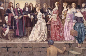 Jean Talon, Bishop François de Laval and several settlers welcome the King's Daughters upon their arrival. Painting by Eleanor Fortescue-Brickdale