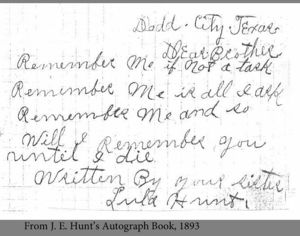 page from J. E. Hunt's autograph book, written by Lula Hunt, his sister