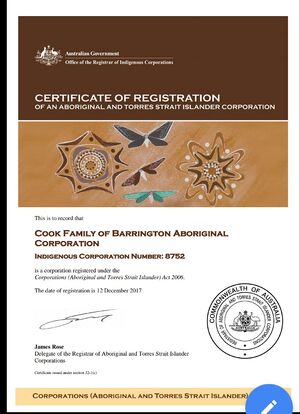 Cook Family of Barrington Aboriginal Corporation registration certificate