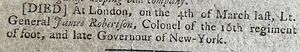 Death notice for former NY colonial Gov. James Robertson 