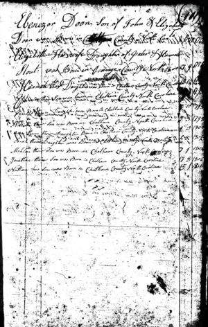 Quaker Meeting Minutes recording the births of Ebenezer Doan & Elizabeth Stout Doan's children