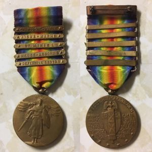 M.B. (Merritt Bascom) Thurman's WW1 Army service ribbon with the 5 French Battles he served in.