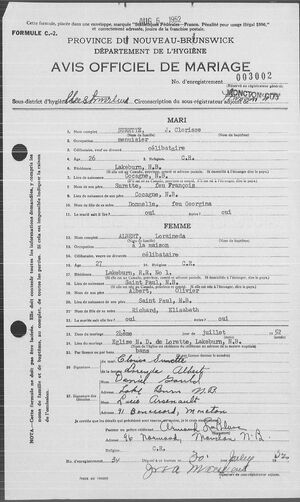 Clorice Surette - Laraineda Albert marriage certificate 1952