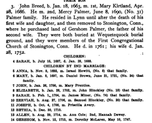 Genealogical listing for John Breed b 1663