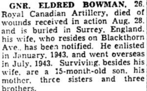 Toronto Star September 1944 William Eldred Bowman