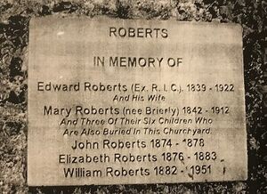 Memorial to Edward and Mary Roberts and three of their children, all supposedly buried in unmarked graves in this graveyard at The Rower