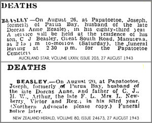 Death of Joseph Beasley in local papers 1943